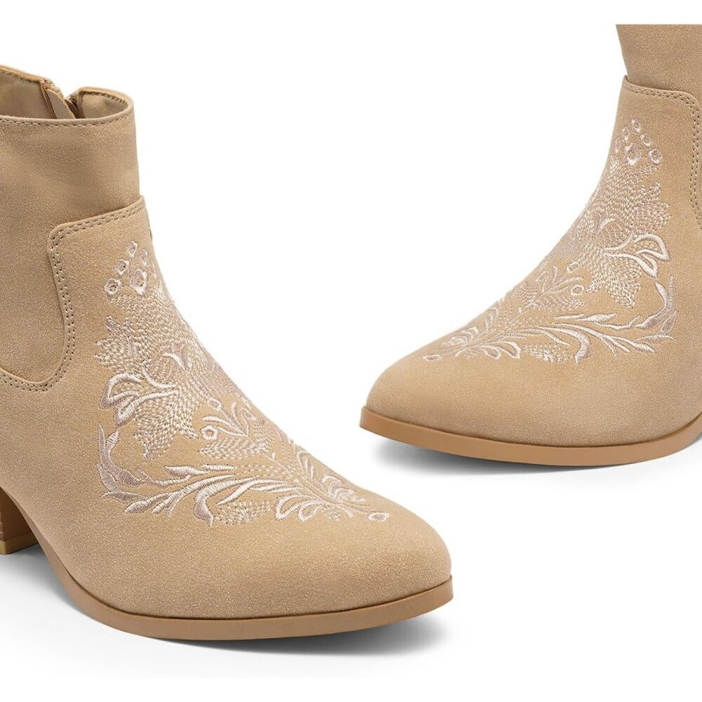 Women's Tan Classic Ankle Boots Low Block Heels Suede Chunky Fashion Booties - Picture 7 of 9